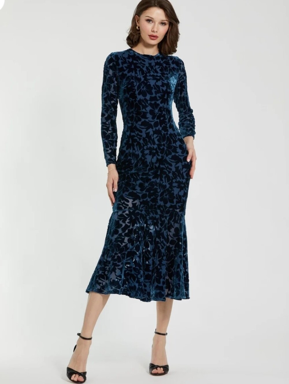 Mac Duggal Deep Blue Burnout Velvet Long Sleeve Midi Dress Size 18 NWT Whimsical
